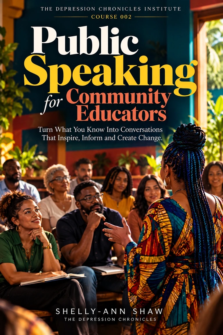 Public Speaking for Community Educators course cover, showing a blue-braided speaker addressing a diverse community audience, with cream, gold and coral lettering.