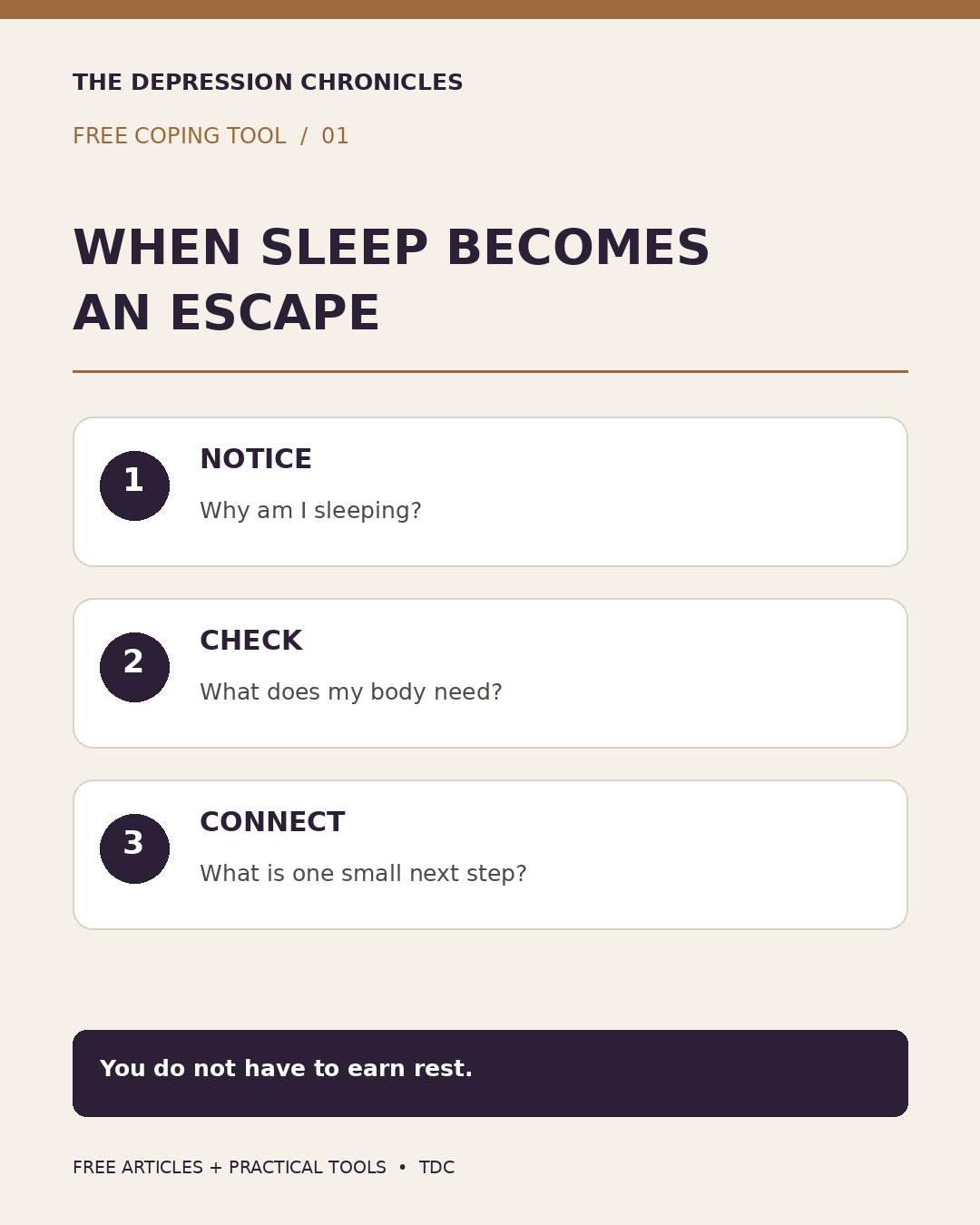 When Sleep Becomes an Escape. Notice why you are sleeping, check what your body needs and choose one small connection with the day. You do not have to earn rest.
