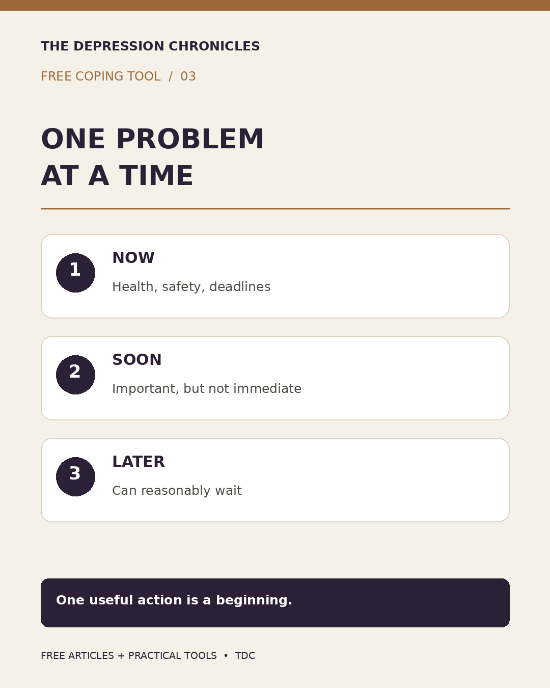 One Problem at a Time. Sort health, safety and deadlines into now, important tasks into soon, and other tasks into later. One useful action is a beginning.