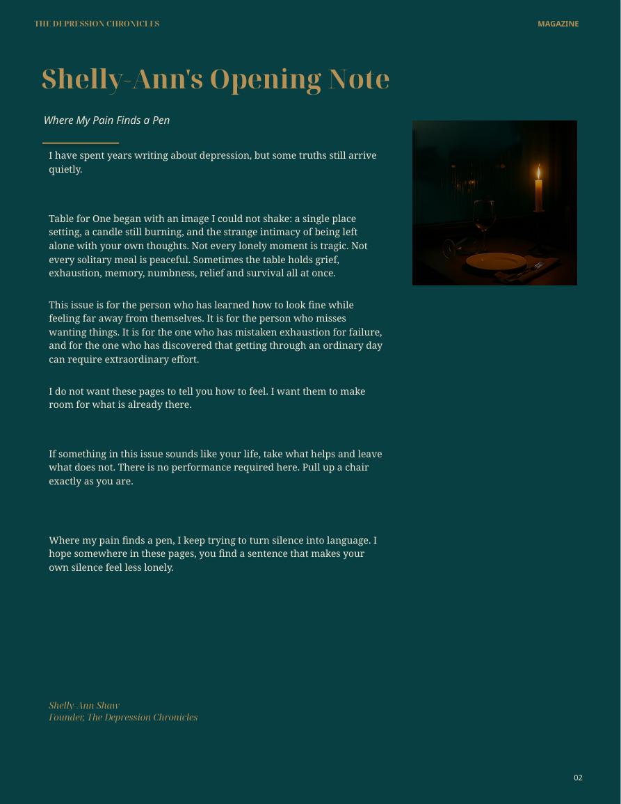 Shelly-Ann's opening note from Table for One