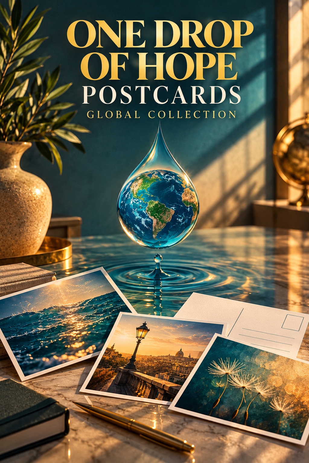 One Drop of Hope Postcards, Global Collection: gold lettering, a globe inside a water droplet and a display of postcards.
