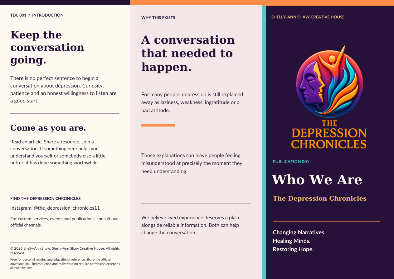 Outside panels of Publication 001: invitation to connect, why this exists and the front cover.
