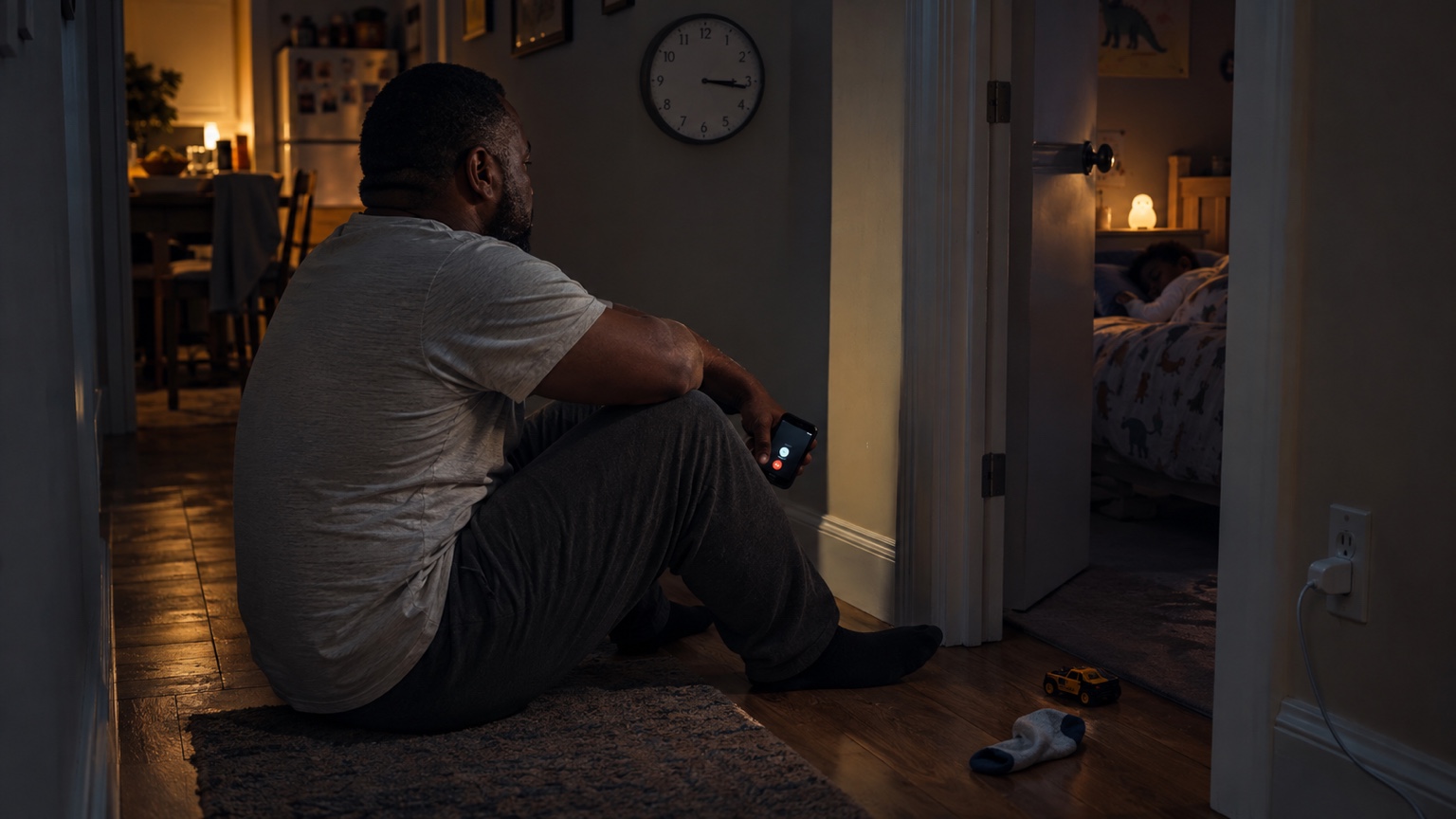 At night, a father sits quietly in a hallway holding his phone while a child sleeps in the adjoining bedroom.