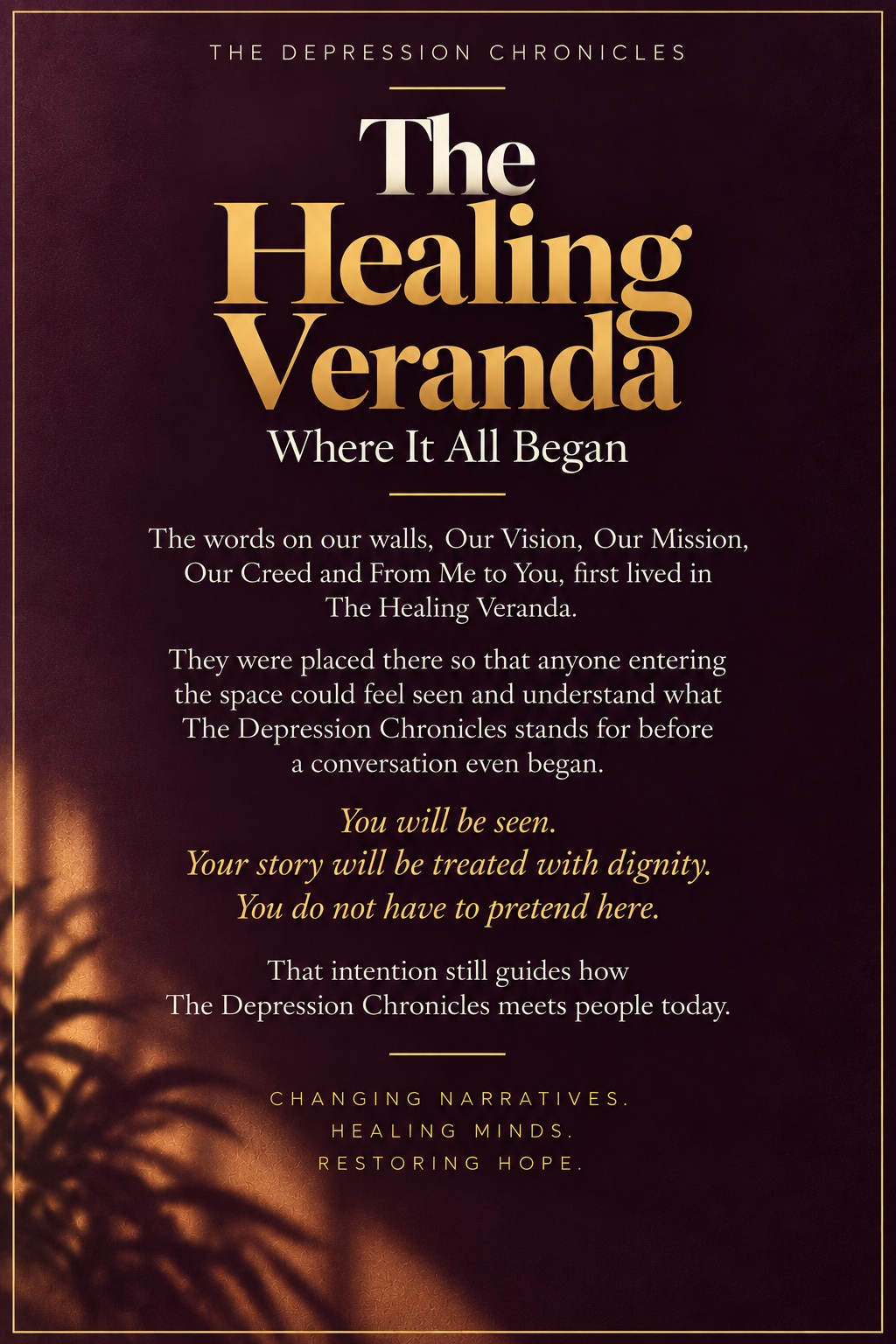 The Healing Veranda: Where It All Began, explaining the origin of The Depression Chronicles institutional statements.