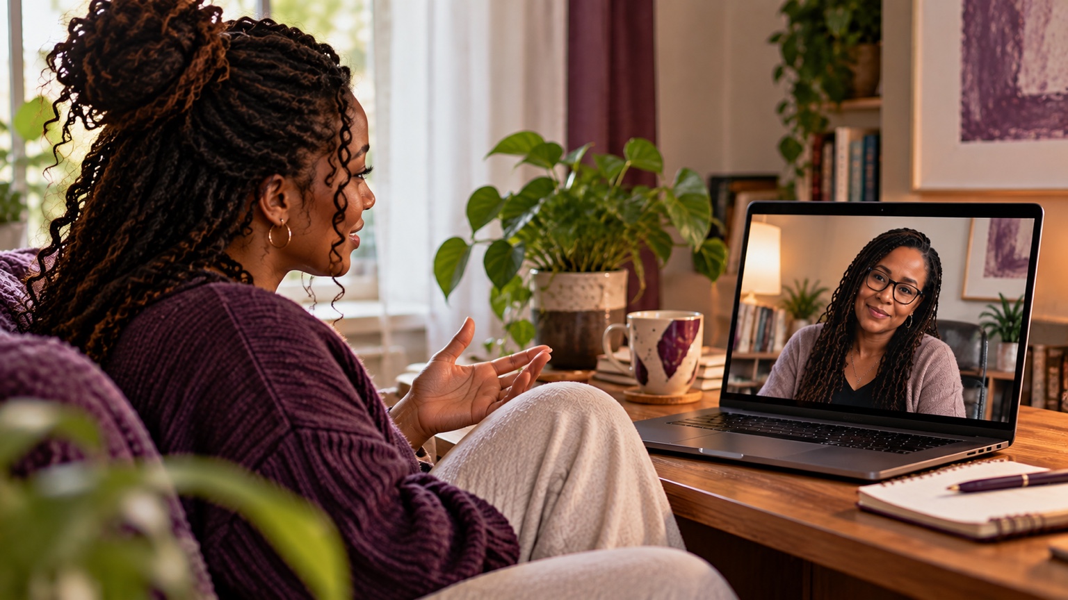 A woman speaking privately with a counsellor through a face-to-face video call from a comfortable room.