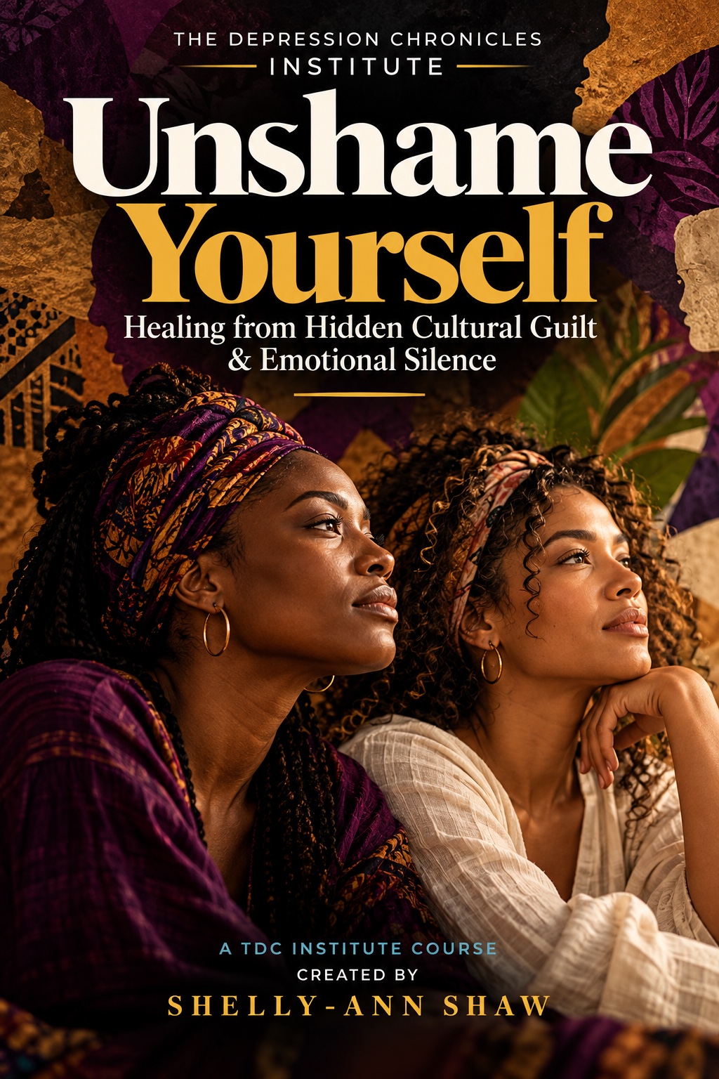 Unshame Yourself course cover: two Black women in profile beneath cream and gold lettering, with a purple, gold and dark textured background.
